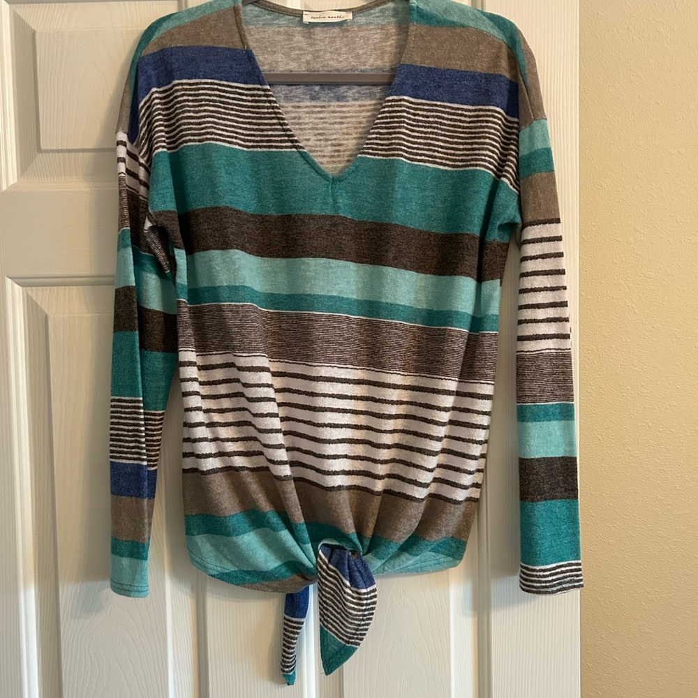 Striped V-Neck Sweater - Teal, Brown, Gray